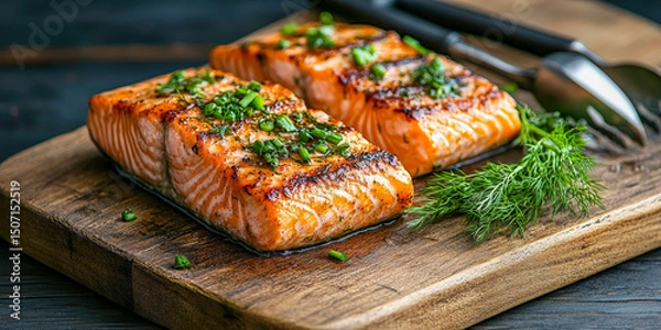 Fototapeta Grilled Salmon Fillets with Fresh Herbs on Rustic Wooden Board