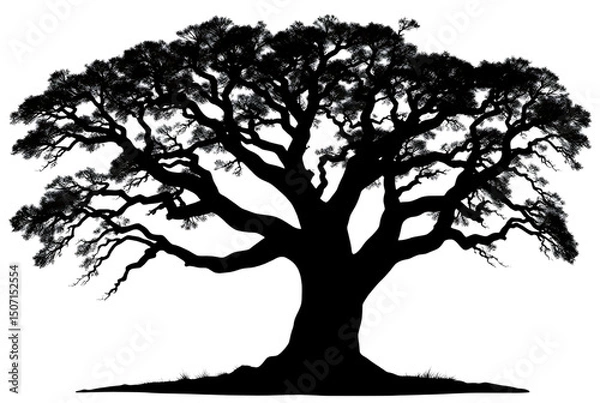 Fototapeta vector silhouette of a oak tree with branches and leaves, a black outline illustration for spring and autumn forest decoration