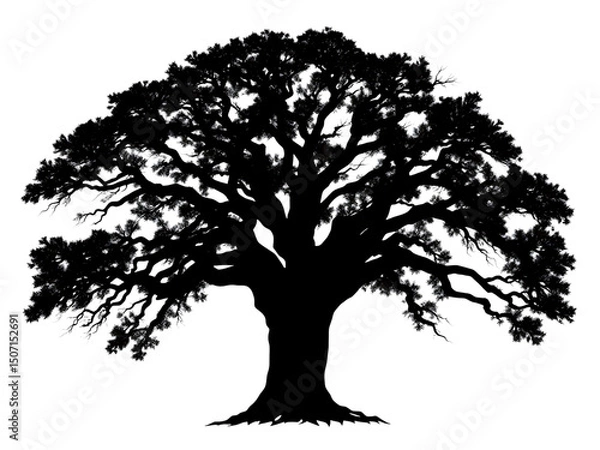 Fototapeta Autumn oak tree silhouette vector with roots and branches, a black illustration of nature's design