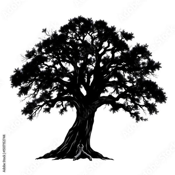 Fototapeta Autumn oak tree silhouette vector with roots and branches, a black illustration of nature's design