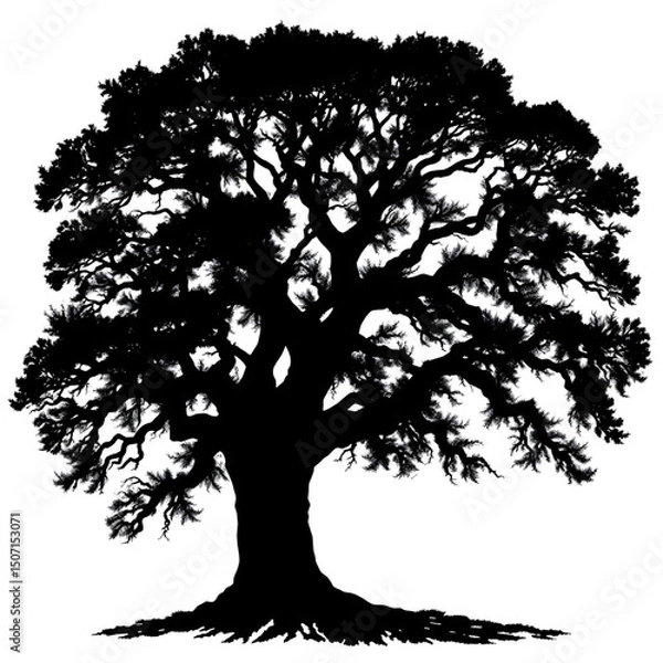 Fototapeta vector silhouette of a oak tree with branches and leaves, a black outline illustration for spring and autumn forest decoration