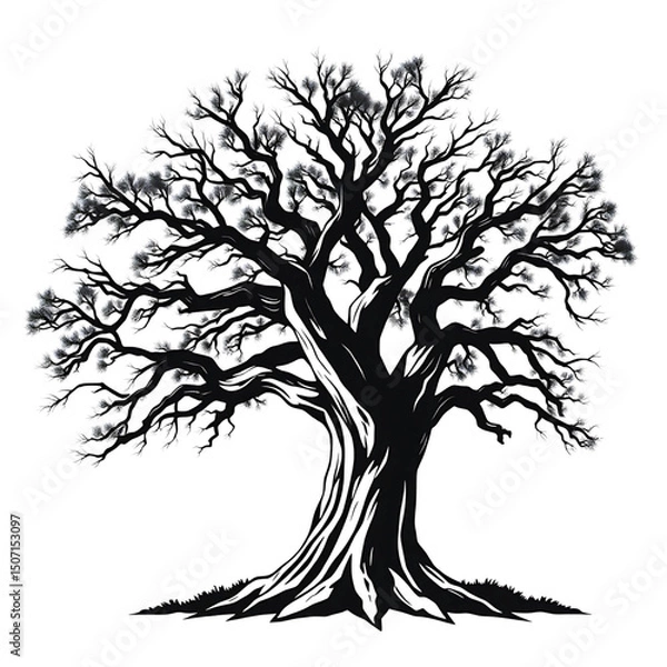 Fototapeta Autumn oak tree silhouette vector with roots and branches, a black illustration of nature's design