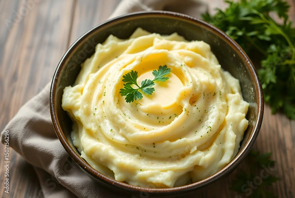 Fototapeta Fluffy mashed potatoes topped with melting butter and herbs, perfect for comfort food and side dish visuals