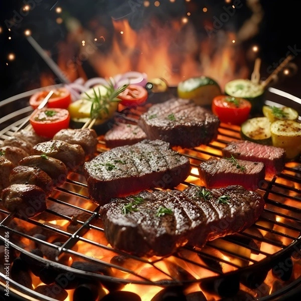 Obraz Barbecue grill with assorted meats and vegetables cooking over open flames, delicious summer meal with smoke and char marks