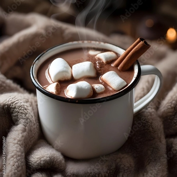 Obraz Cup of hot cocoa with marshmallows and cinnamon sticks placed on cozy blanket, warm drink for winter comfort and relaxation