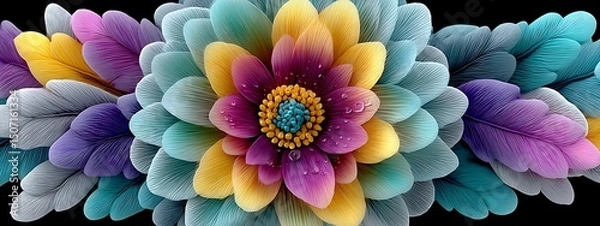 Fototapeta A vibrant, whimsical arrangement of colorful, textured flowers on a black background