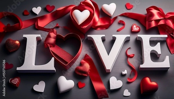 Fototapeta ハートのアクセント、ラブの文字、リボン、恋、気持ちを伝えたい画像 Generated by AI