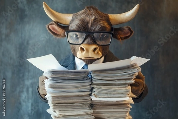 Fototapeta bull with glasses in office reading data paper by generative ai
