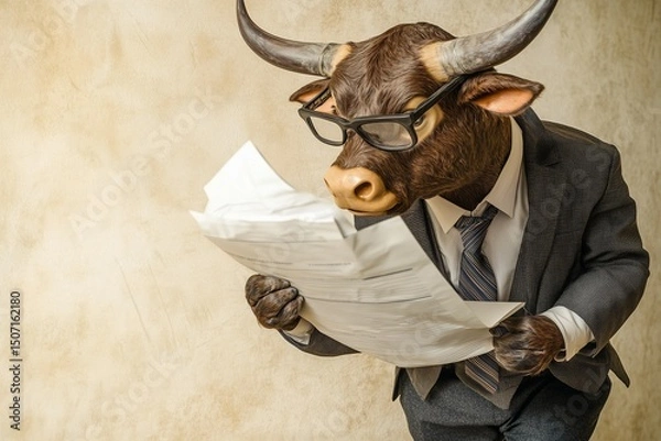 Fototapeta bull with glasses in office reading data paper by generative ai