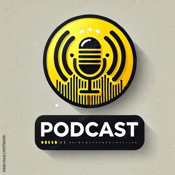Obraz A modern podcast logo featuring a black microphone icon inside a bright yellow circular badge
