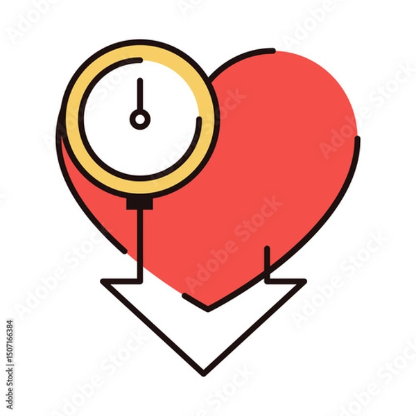 Obraz Low blood pressure icon vector isolated. Flat illustration of a device for pressure measurement, heart and the arrow going down. Heart illness, low blood pressure. Medical instrument.