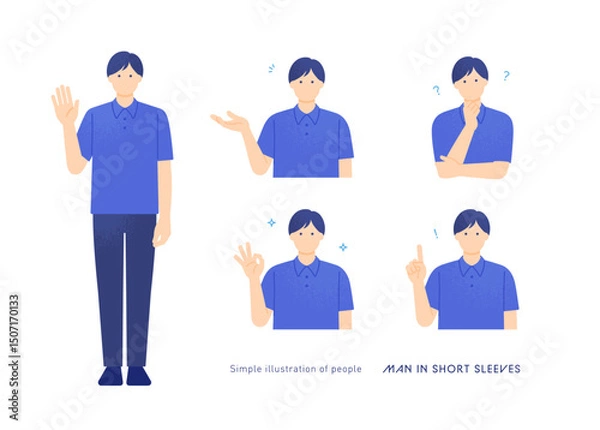 Obraz ポロシャツを着た学生 夏イメージの若い男性 5ポーズベクターイラストセット