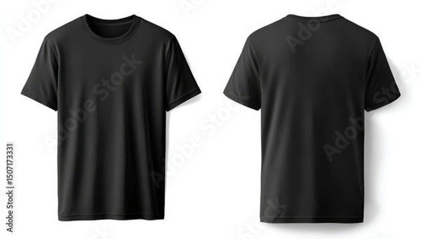 Fototapeta Plain black t-shirt shown from both front and back views on a white background.