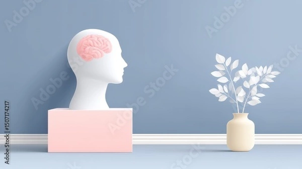 Fototapeta Simplified human head with brain in 3D minimal design, clean and soft isolation