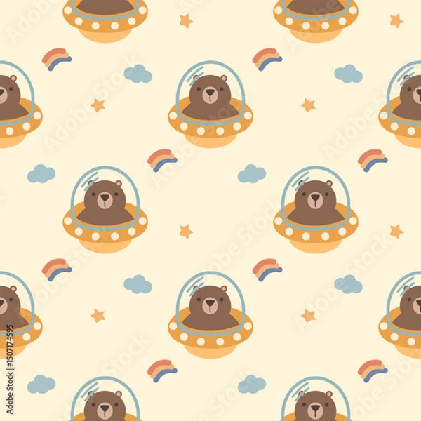 Fototapeta Bear in ufo yellow cartoon so cute. On rainbow star cloud background. Pattern seamless vector illustration. 