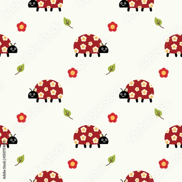 Fototapeta Ladybug cartoon so cute. On flower leaf background. Pattern seamless vector illustration. 