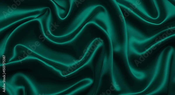 Fototapeta Luxurious dark green silk with graceful folds, set against a teal abstract background, offering design copy space, Generative AI.