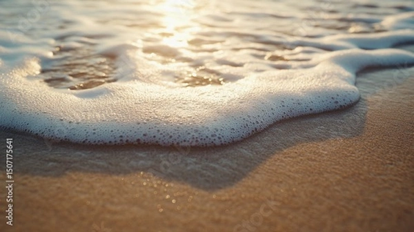 Fototapeta Tide line on sandy beach with foamy crest, great for surf-themed graphics, resort branding, and realistic texture maps.