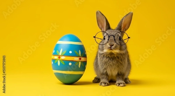 Obraz Bunny with Glasses and Decorated Egg on Yellow Background