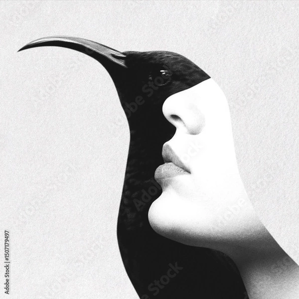 Obraz Abstract woman mouth and exotic Black Sun bird collage illustration. Black and white image. Grunge, noise and grain effect applied. Retro vintage style