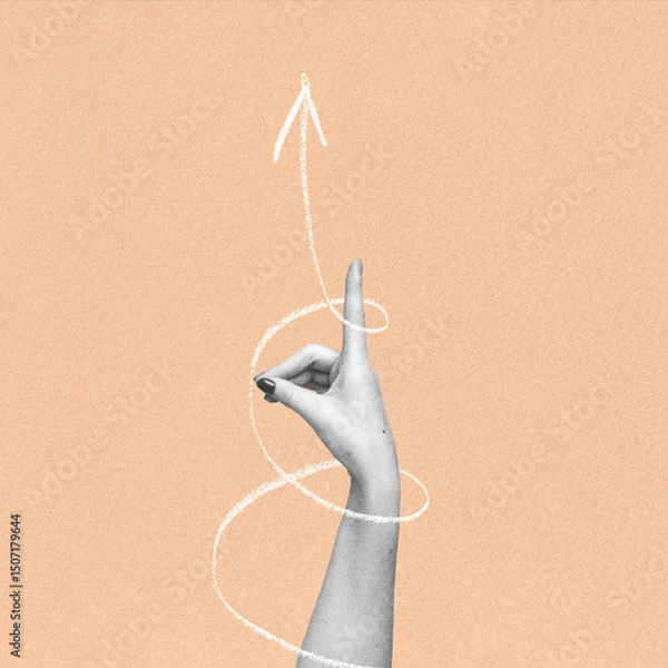 Obraz Business, finance concept. Woman hand with pointing finger up and swirl arrow around it. Grunge, noise and grain effect applied. Beige background with copy space. Retro vintage style