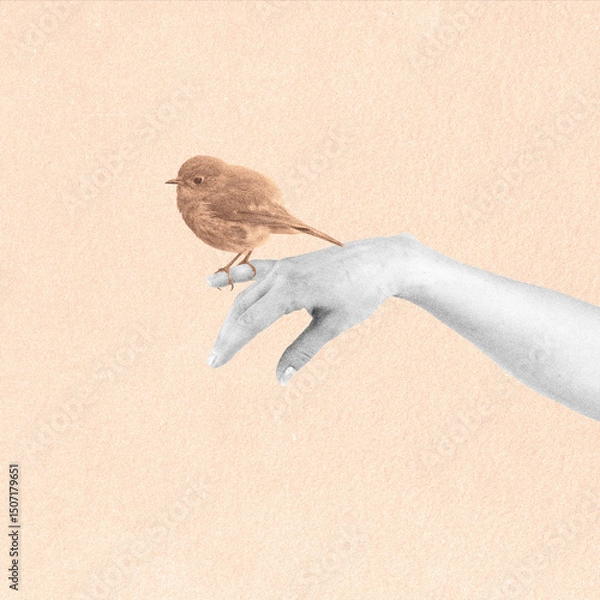Obraz Abstract woman with European Robin bird on finger collage illustration. Bird toned with beige color. Grunge, noise and grain effect applied. Retro vintage style