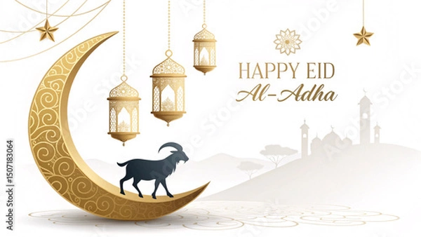 Obraz Festive Eid Al-Adha Greeting Card featuring a crescent moon ornate lanterns and a goat silhouette against a serene landscape