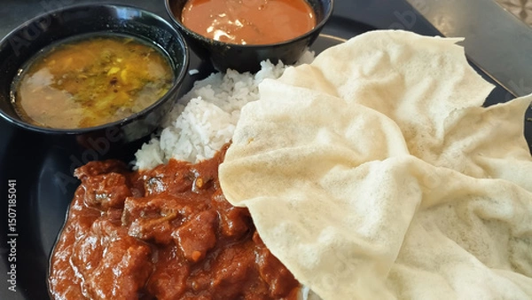 Obraz white rice with curry mutton and side dish