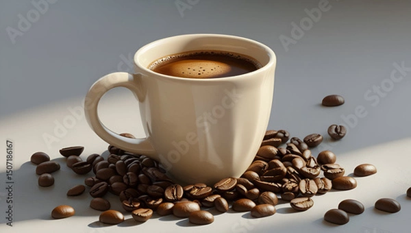 Obraz Freshly brewed cup of coffee with roasted beans on rustic background.