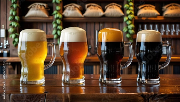 Obraz Craft beer variety on tap in rustic pub setting with foam-topped pints.