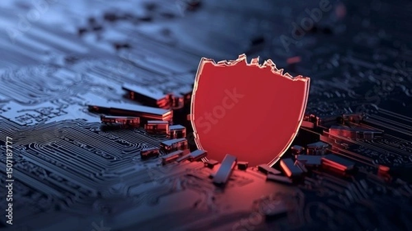 Fototapeta Hacking crisis concept. Digital shield breaking through a circuit board background.