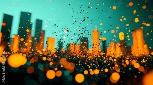 Fototapeta Hacking crisis concept. Vibrant city skyline with colorful bokeh effects.