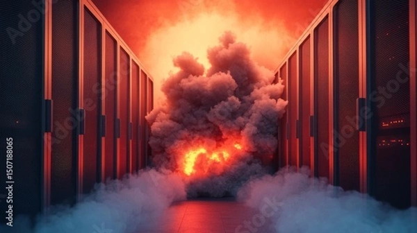 Fototapeta Hacking crisis concept. Dramatic smoke explosion between server racks in a vibrant setting.