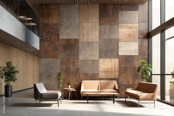 Fototapeta Modern office lobby with warm color palette