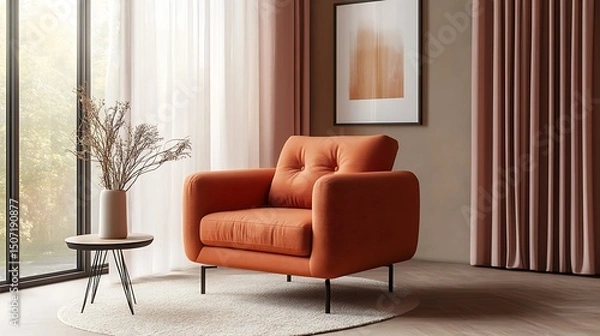 Fototapeta Modern burnt orange armchair in a cozy living room setting