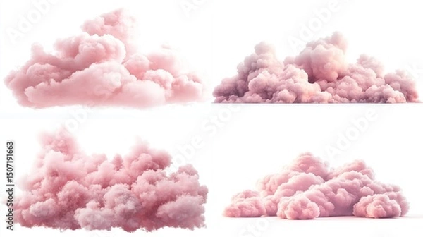 Fototapeta Four soft, pale pink cloud formations, isolated on white