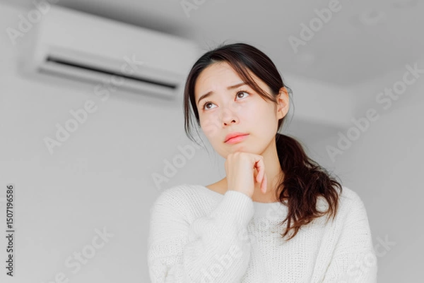 Obraz エアコンの故障で修理か買い替えかで悩む若い女性の表情