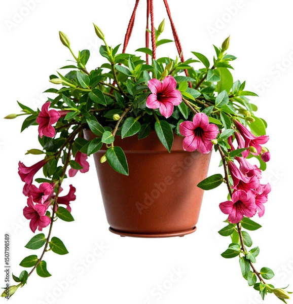 Fototapeta Hanging basket with trailing lobelia, isolated on transparent background for gardening and home decor use.