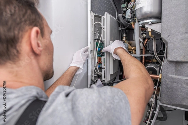 Fototapeta Technician Performs Maintenance on a Residential Heating System in a Modern Home Setting