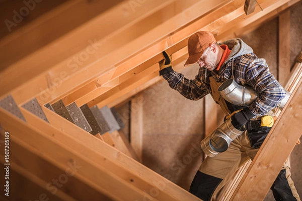 Fototapeta Skilled Worker Navigating Wooden Beams During Construction in a Residential Attic