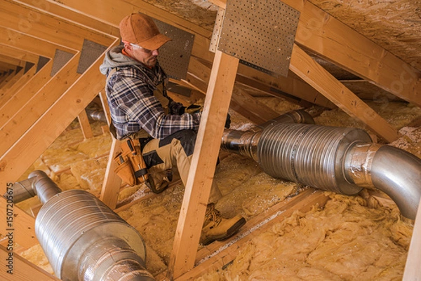 Fototapeta Contractor Working on HVAC Installation in Attic During Daylight