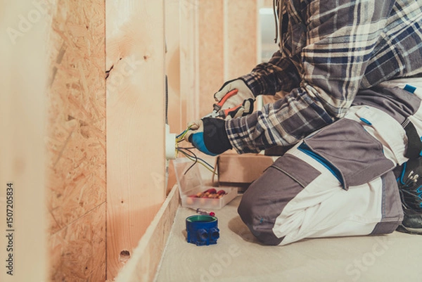 Fototapeta Electrician Performing Wiring Installation in a Residential Construction Site During Daylight Hours