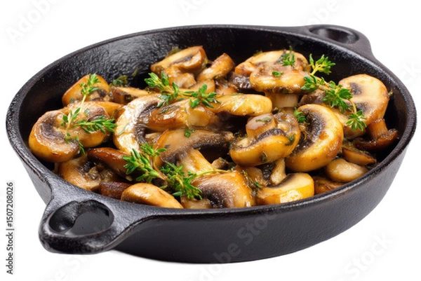 Obraz Delicious Sauteed Mushrooms with Thyme in Cast Iron Skillet