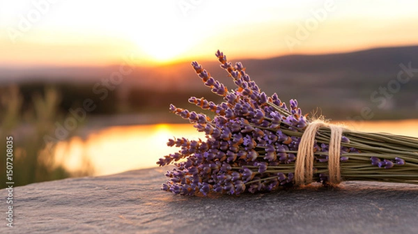 Obraz Flat Lay of Twine-Tied Lavender on Dark Granite