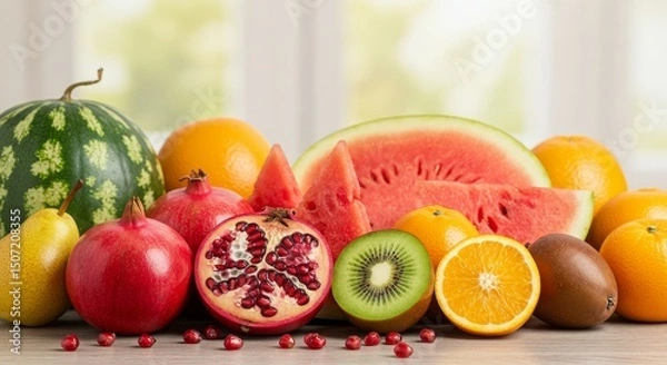 Fototapeta Fresh and Colorful Assortment of Juicy Fruits on Wooden Table