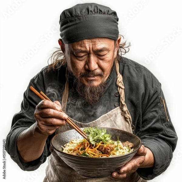 Obraz Asian chef preparing ramen dish in studio culinary art focus isolated white background
