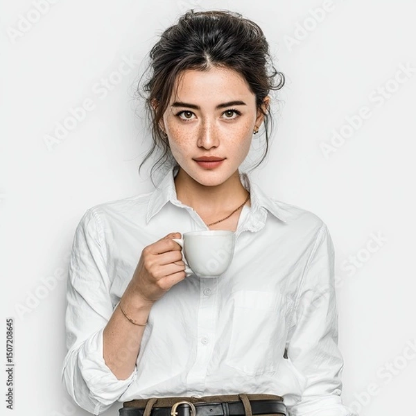Obraz Calm portrait of asian woman enjoying coffee against white background serenity in close-up