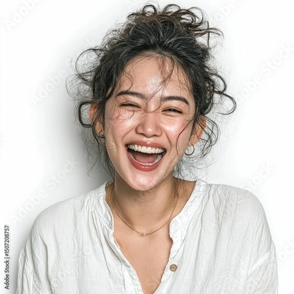 Obraz Joyful young asian girl laughing in white background portrait photography fun expression isolated scene