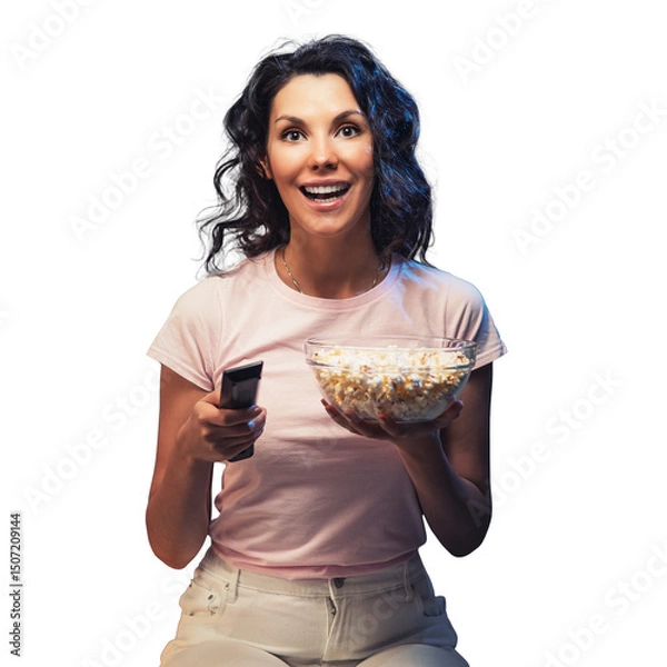 Fototapeta Young Beautiful woman stay home, during pandemic, spends his free time watching TV on couch at home, smiling munching popcorn and holding remote. Girl watching projector movies with popcorn in evening
