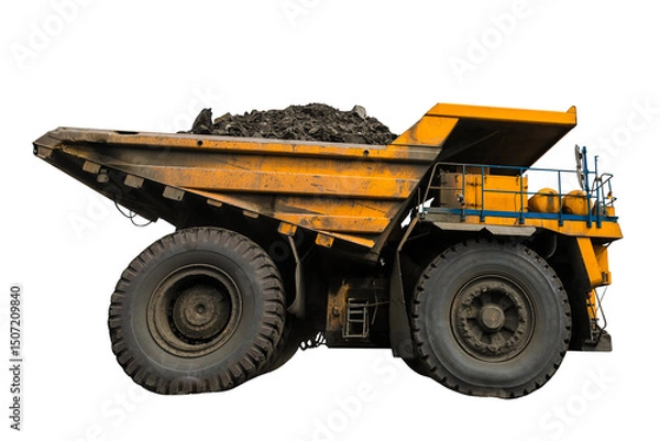 Fototapeta Large quarry dump truck. Loading the rock in dumper. Loading coal into body truck. Production useful minerals. Mining truck mining machinery, to transport coal from open-pit as the coal production.